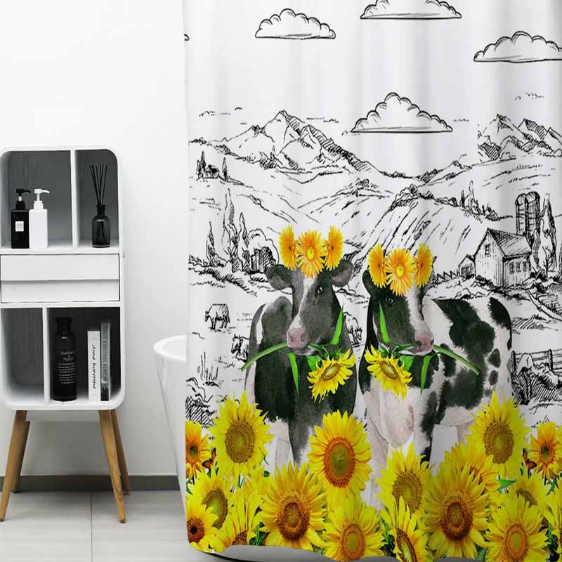 Feblilac Sun Flower and Cows Shower Curtain with Hooks, Animal Bathroom Curtains with Ring, Unique Bathroom décor, Boho Shower Curtain, Customized Bathroom Curtains, Extra Long Shower Curtain