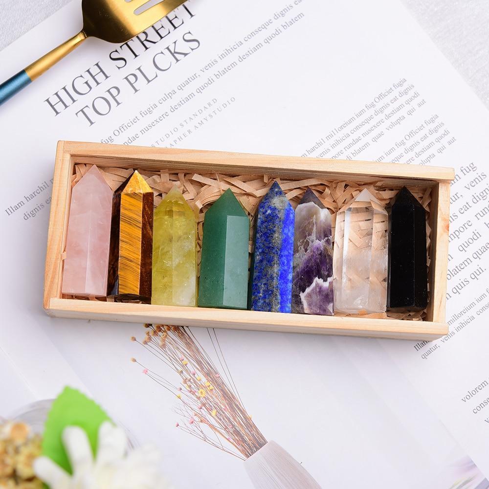 8 Reiki Chakra Crystals in Wooden Box