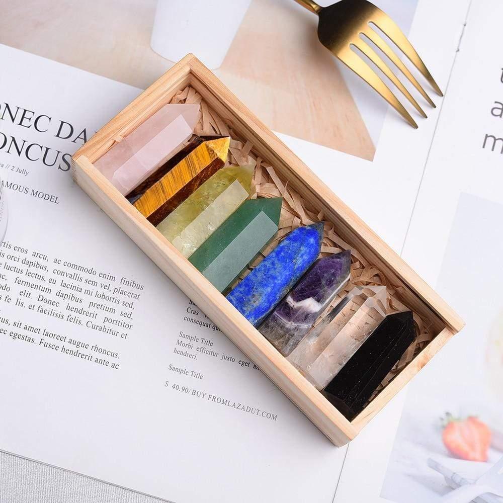 8 Reiki Chakra Crystals in Wooden Box