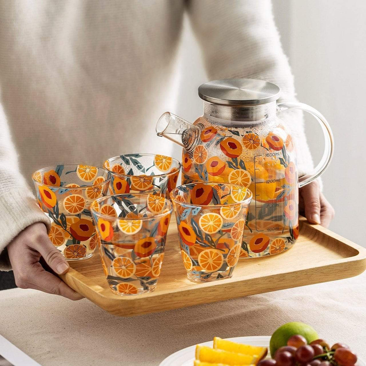 Peaches and Oranges Glass Kettle and Cup