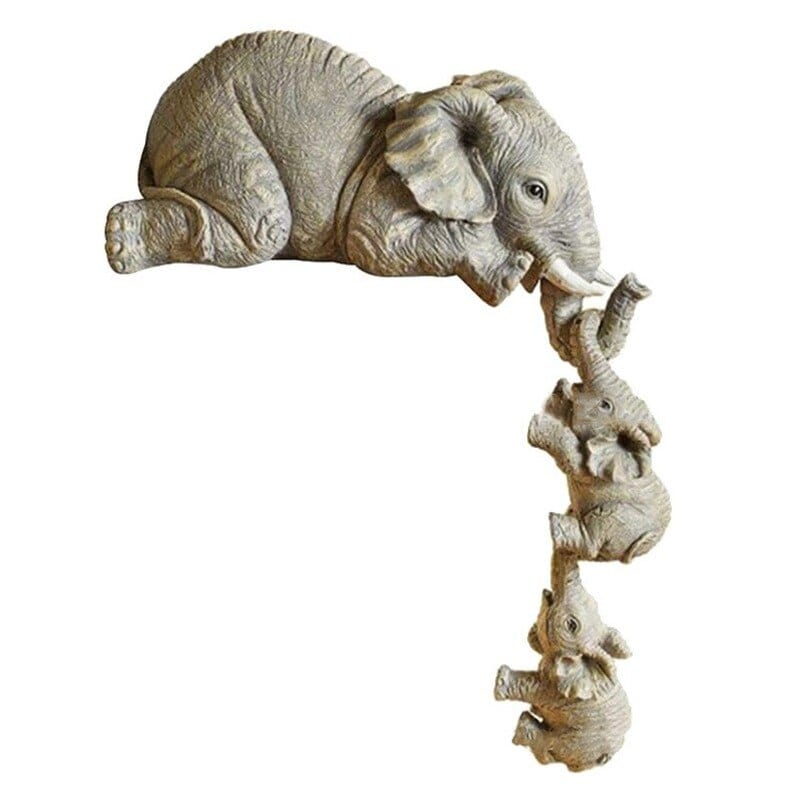 Elephant Mom & Babies Hanging Off The Edge Figurine