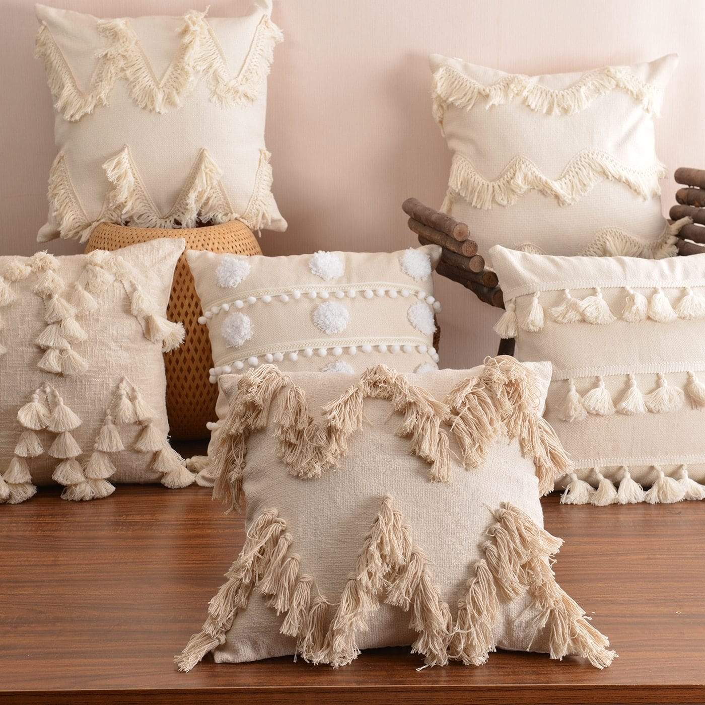 Boho Plush Pillow Cover With Tassels