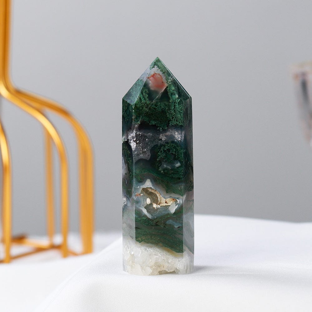 Moss Agate Point Tower Crystal