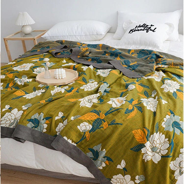 Olive Flower Print Throw Blanket