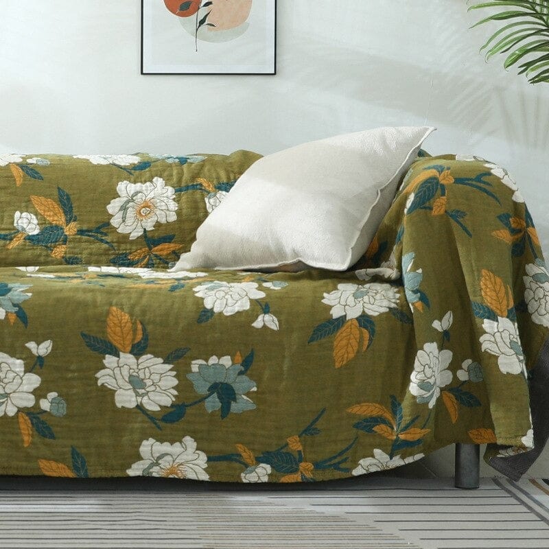 Olive Flower Print Throw Blanket