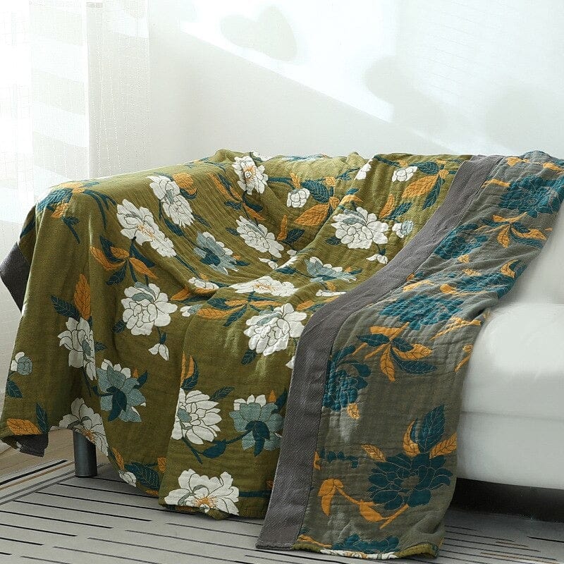 Olive Flower Print Throw Blanket