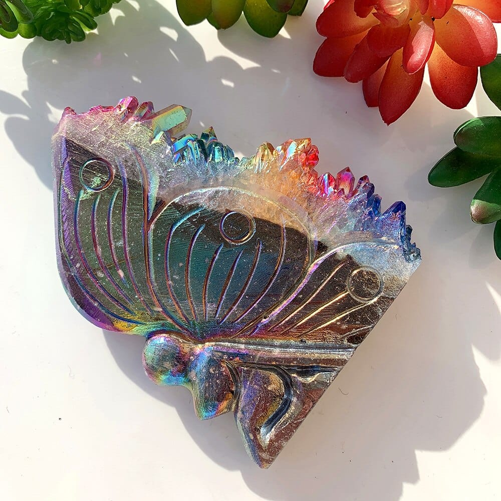 Rainbow Aura Quartz Butterfly Carving