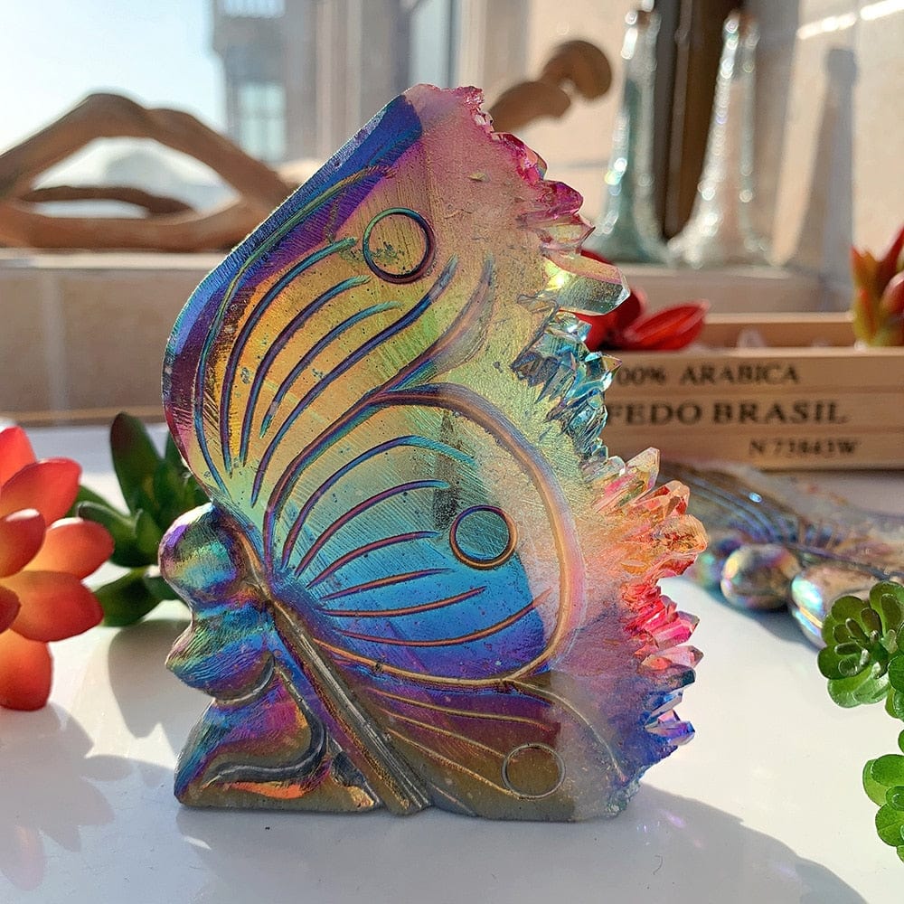 Rainbow Aura Quartz Butterfly Carving