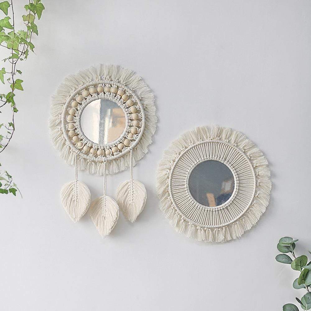 White Macrame Round Mirror