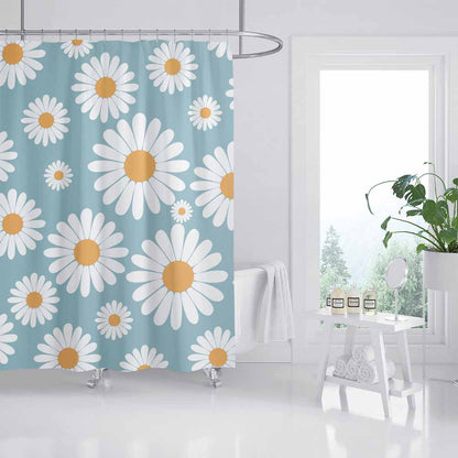 Feblilac Cute Daisy White and Blue Shower Curtain with Hooks, Floral Bathroom Curtains with Ring, Unique Bathroom décor, Boho Shower Curtain, Customized Bathroom Curtains, Extra Long Shower Curtain